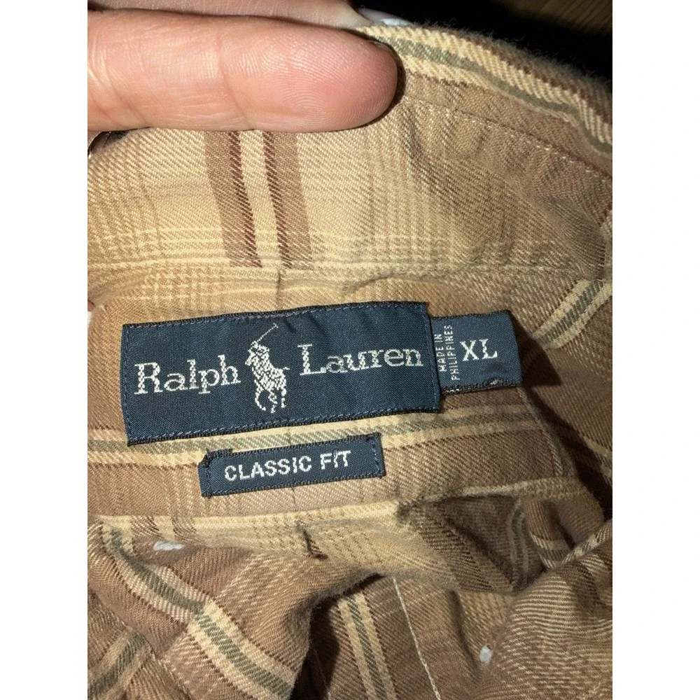 VTG 90s Polo by Ralph Lauren XL Plaid Flannel Shirt Tan Brown Two Pocket Soft